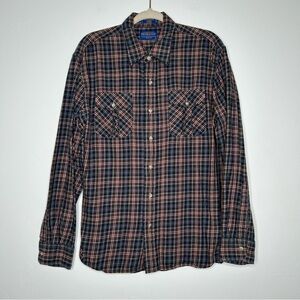 Pendleton Cotton Plaid Button Down Shirt Blue Tan Red Size Large